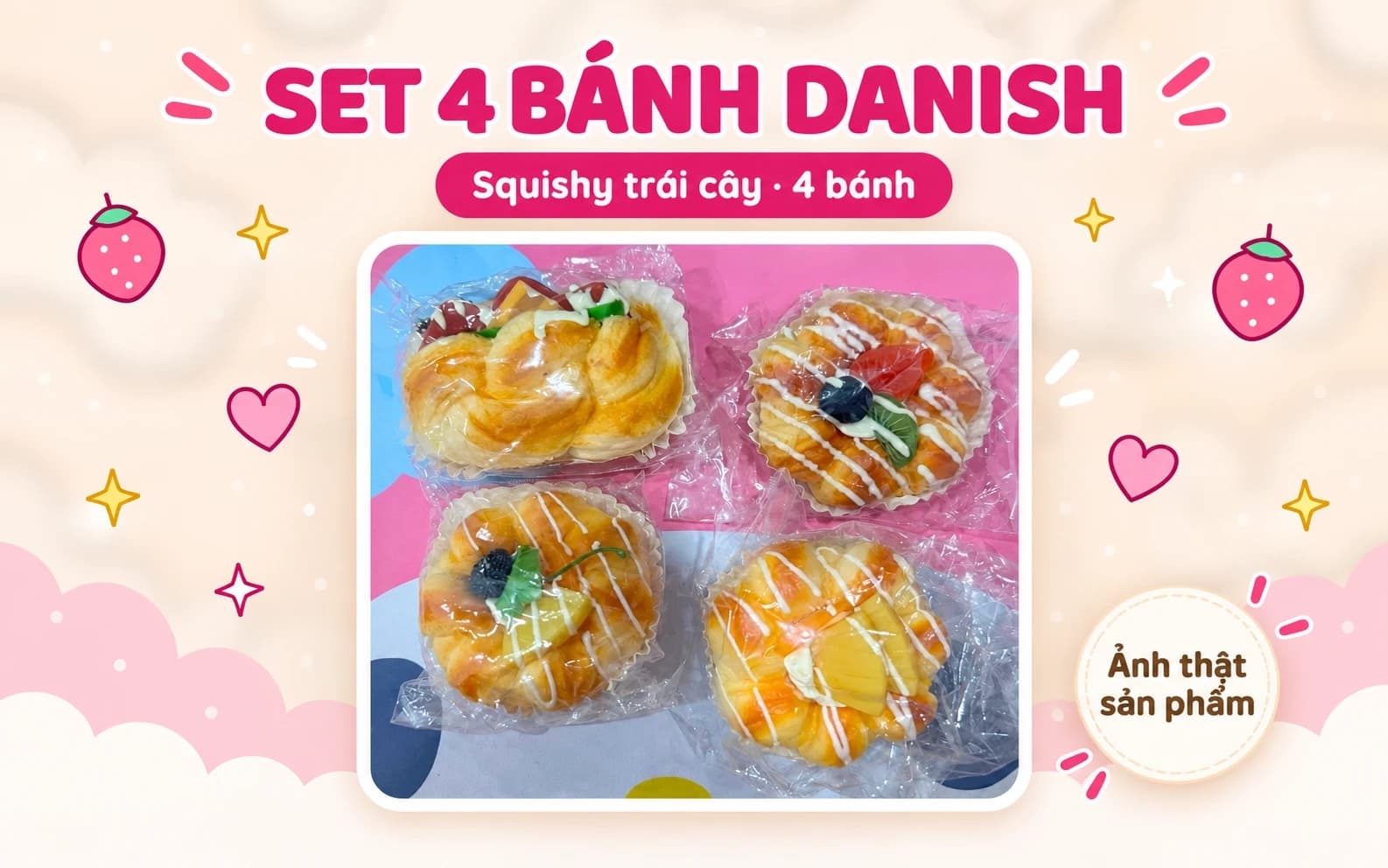 Set 4 Bánh Danish Squishy Trái Cây Chọn Mẫu