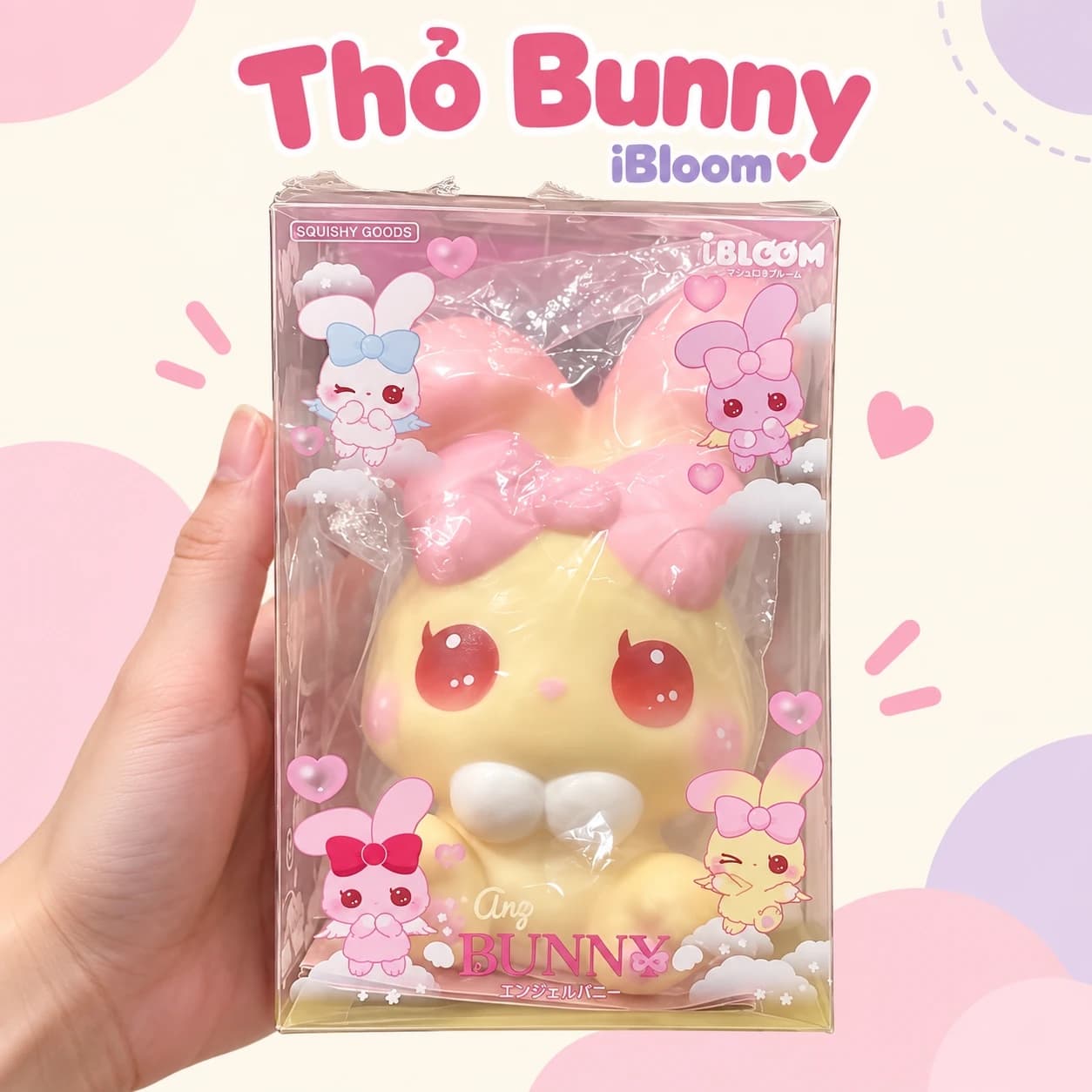 Squishy Thỏ Bunny iBloom màu vàng, nơ hồng