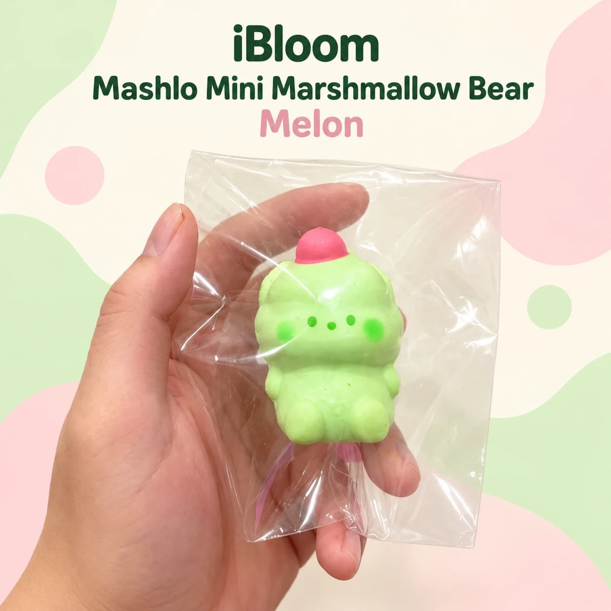 Squishy iBloom Mashlo Mini Marshmallow Bear Melon – Gấu xanh đội mũ hồng
