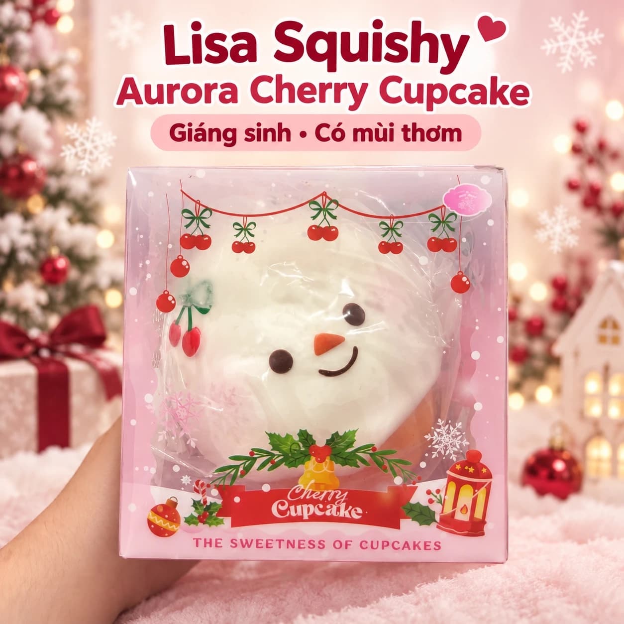 Lisa Squishy Aurora Cherry Cupcake chính hãng – Người tuyết Giáng sinh